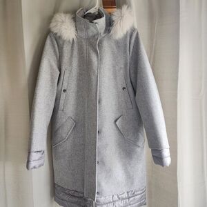 Land's End Women's Gray Winter Coat with Faux Fur Trim